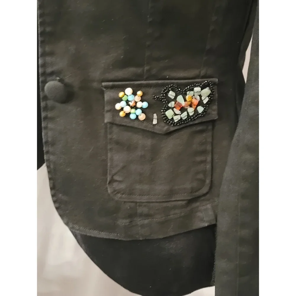 Zoompy Vintage Black Embellished Blazer Jacket Small Floral‎ Beaded Rosette
